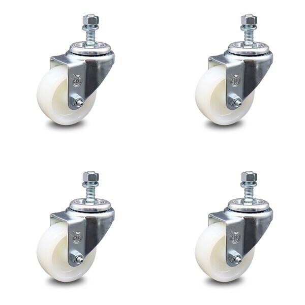 3 Inch Nylon Wheel Swivel 10mm Threaded Stem Caster Set